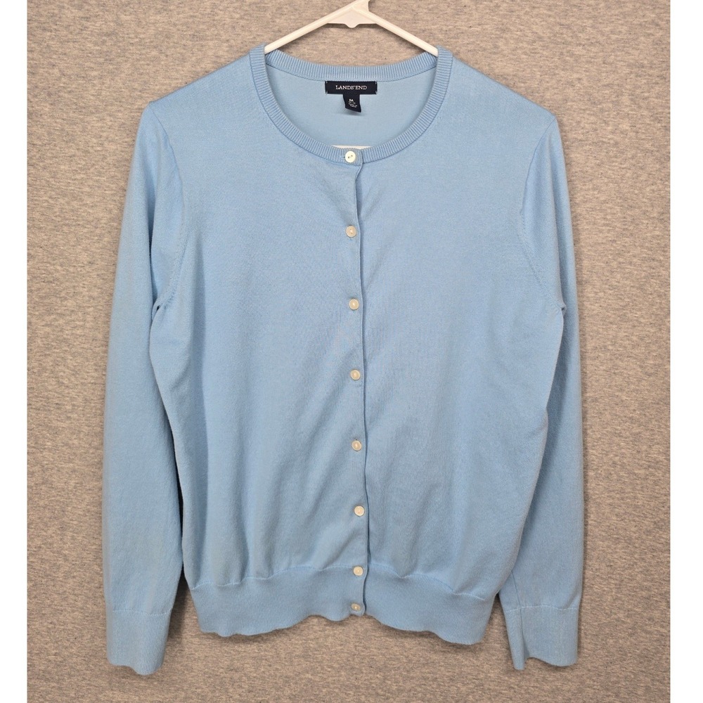 Lands End Womens Light Blue Button Front Crew Neck Cardigan Sweater Size M 10-12